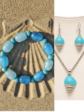 Ocean Blue Vein Agate Bracelet Tourqoise Resin Conch Seasshell Set NWOT